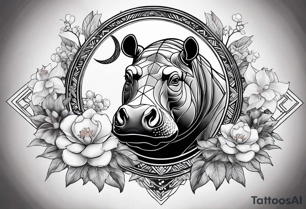 Very asymmetrical, +geometric pattern, with realistic full moon, with seeious looking hippo,,
with wintersweet flower bud, +portrait orientation, +inkart touch, tattoo idea
