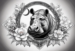 Very asymmetrical, +geometric pattern, with realistic full moon, with seeious looking hippo,,
with wintersweet flower bud, +portrait orientation, +inkart touch, tattoo idea