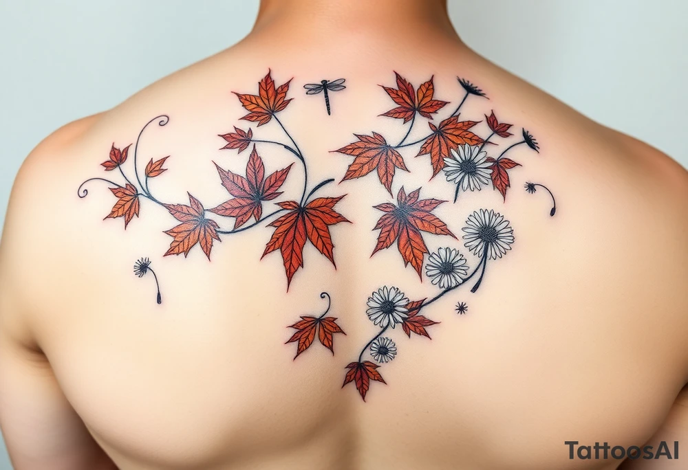 Create a vine with Maple leaves in red, orange and brown and gerbera daisies connected with thin swirly lines. Add in a dandelion wish and a dragonfly tattoo idea