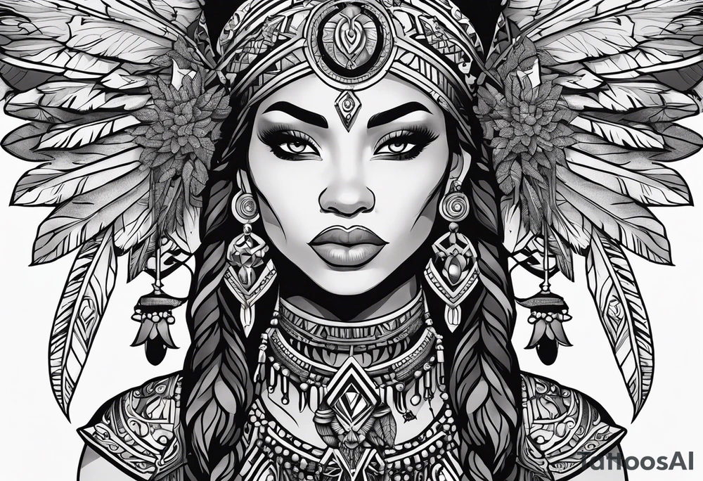 valkrye, kali, pirate, african goddess, , warrior, native american, lotus, zenza resonance, skulls, pachamama, left side face, chest, wing, tattoo idea