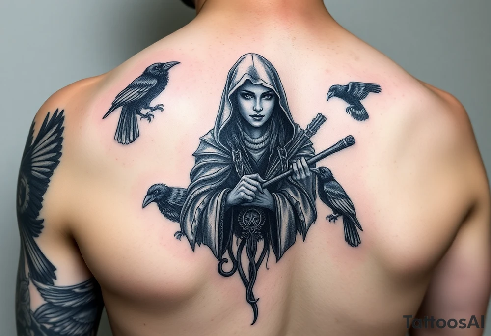 Left arm

Morrigan Celtic  goddess of death is the primary focus of the tattoo

Morrigan is older magical woman with a hood and wooden wand

Powerful dark magic

Multiple crows. 

. Realistic, black and white

Stronger focus on Celtic symbolism

Protector of natural world

Complex level of detail tattoo idea