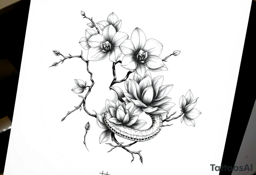 Orchid or cherry blossom tree and lotus and snake on a woman tattoo idea