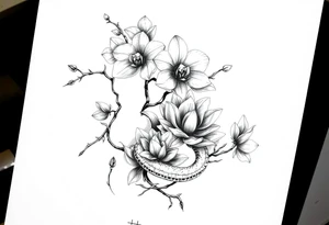 Orchid or cherry blossom tree and lotus and snake on a woman tattoo idea
