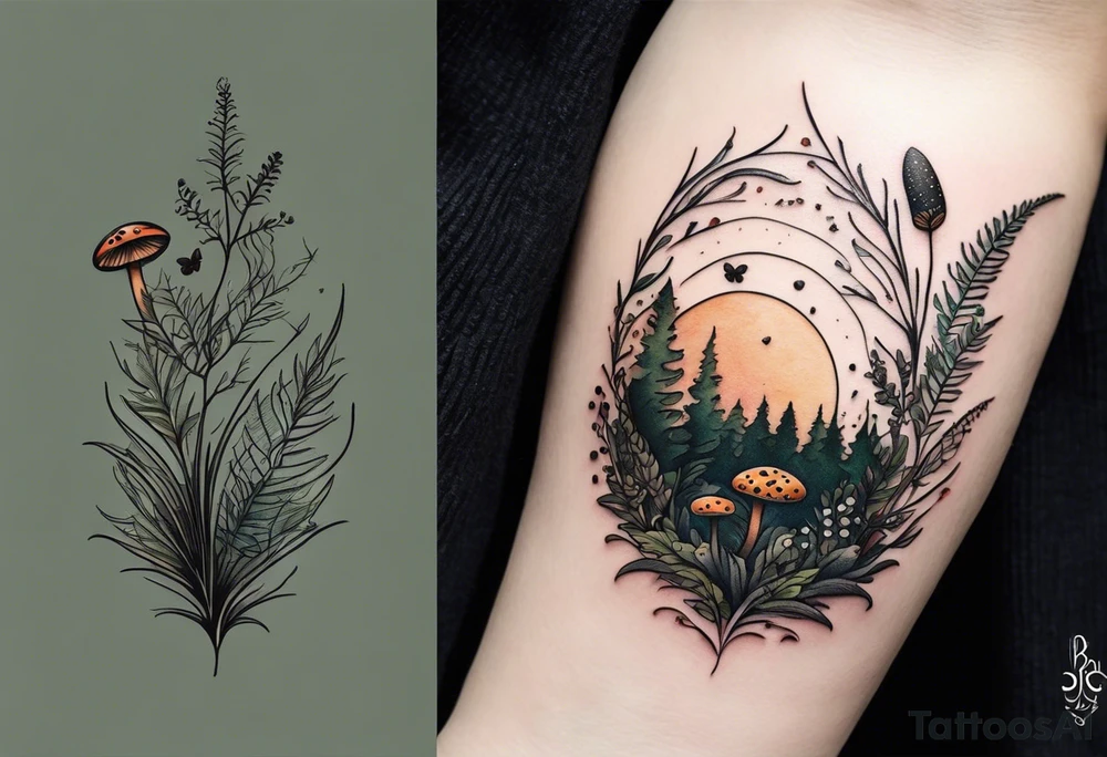 forest floor inspired minimalist tattoo, which includes grass, curly ferns, moss and dead leaves as the bulk of the tattoo. details to include: forest berries, a tiny bumblebee flying nearby, three small brown mushrooms
Generate a vertically long one tattoo idea