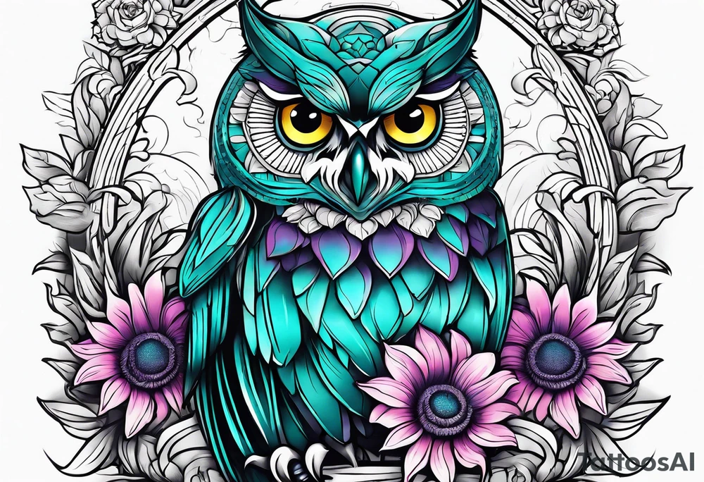 Teal, pink and purple owl and yellow sunflowers sleeve tattoo idea