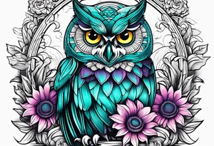 Teal, pink and purple owl and yellow sunflowers sleeve tattoo idea