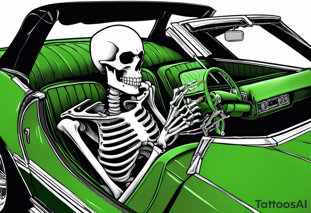 Skeleton smoking a cigarette driving a green 1976 convertible Corvette tattoo idea