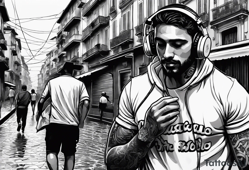 Soccorso player with ball in the streets of naples in the rain with headphones in his ears creating notes that end up in the clouds tattoo idea