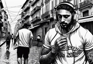Soccorso player with ball in the streets of naples in the rain with headphones in his ears creating notes that end up in the clouds tattoo idea