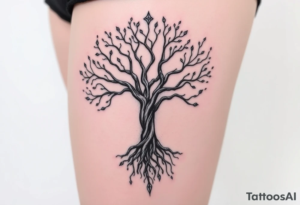 mystical tree of life with cosmic roots and celestial branches tattoo idea