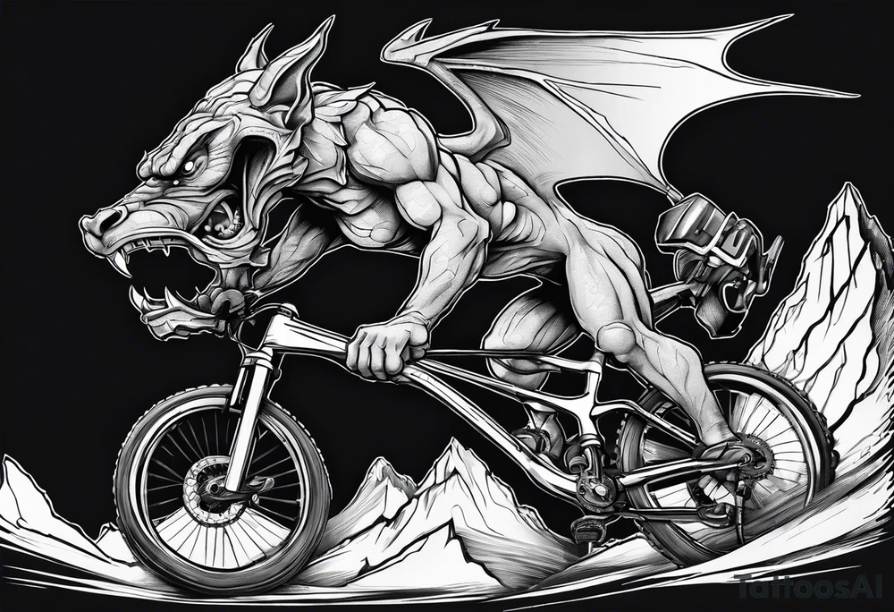 gargoyle riding a full suspension mountain bike with a shadow no background tattoo idea