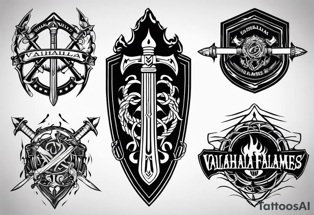 Valhalla flames sword shield barb wire tattoo idea
