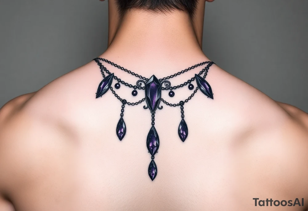 Gothic jewelry draping fine line with amethyst jewels around the neck tattoo idea