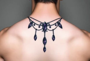 Gothic jewelry draping fine line with amethyst jewels around the neck tattoo idea