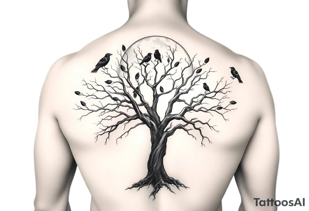 A very realistic, large tree of life that is bare with lots of crows above it a moon that’s behind that covers my whole back and two Viking hatches that would go across my shoulder blades. This is a backpiece. tattoo idea