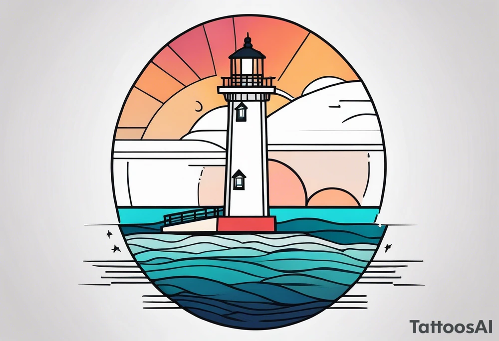 lighthouse in fine line and a bit geometric, colored. also the sea close to the lighthouse tattoo idea