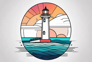 lighthouse in fine line and a bit geometric, colored. also the sea close to the lighthouse tattoo idea