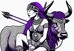 native woman female warrior with arrows on her back wearing bead headband sitting on a purple buffalo, show the buffalo standing still, see whole buffalo she is sitting on tattoo idea