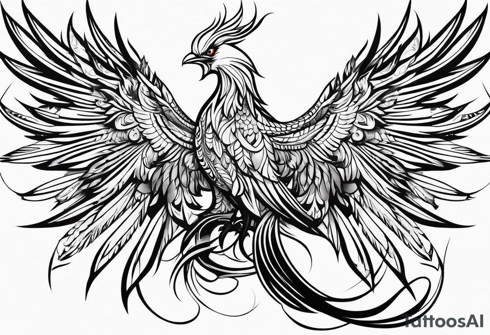 tribal pheonix with long tail curling tattoo idea