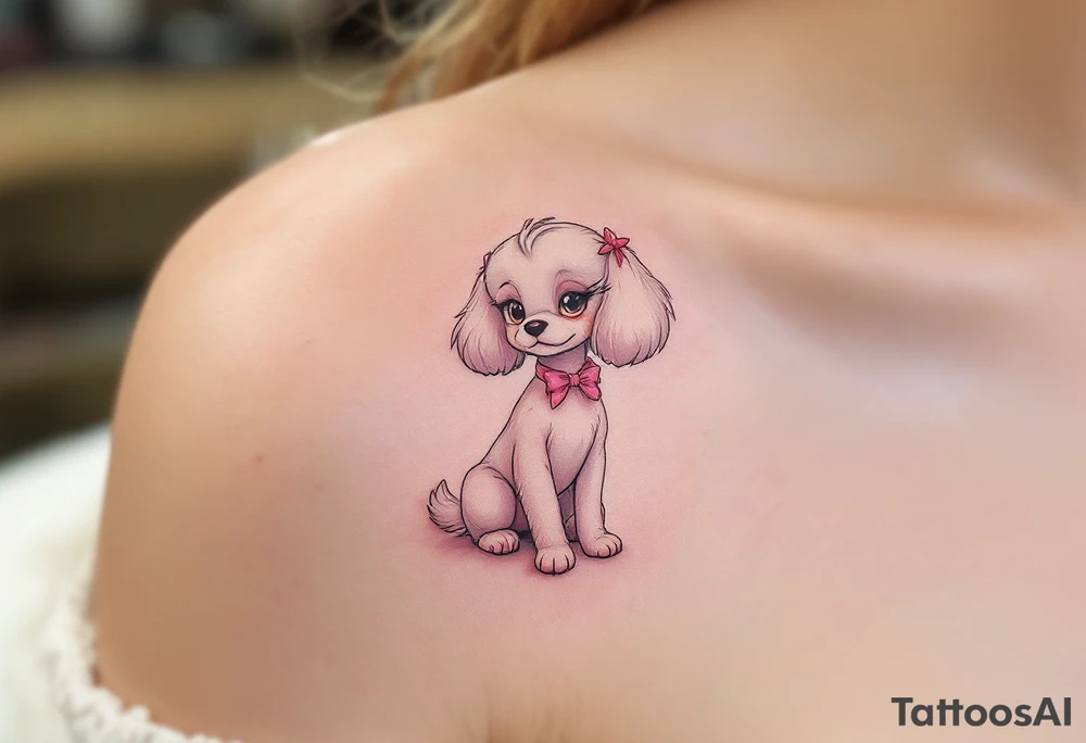Classic Marie Portrait – A delicate tattoo of Marie sitting with her signature pink bow and collar, white fur perfectly groomed, with her head tilted playfully to the side. tattoo idea