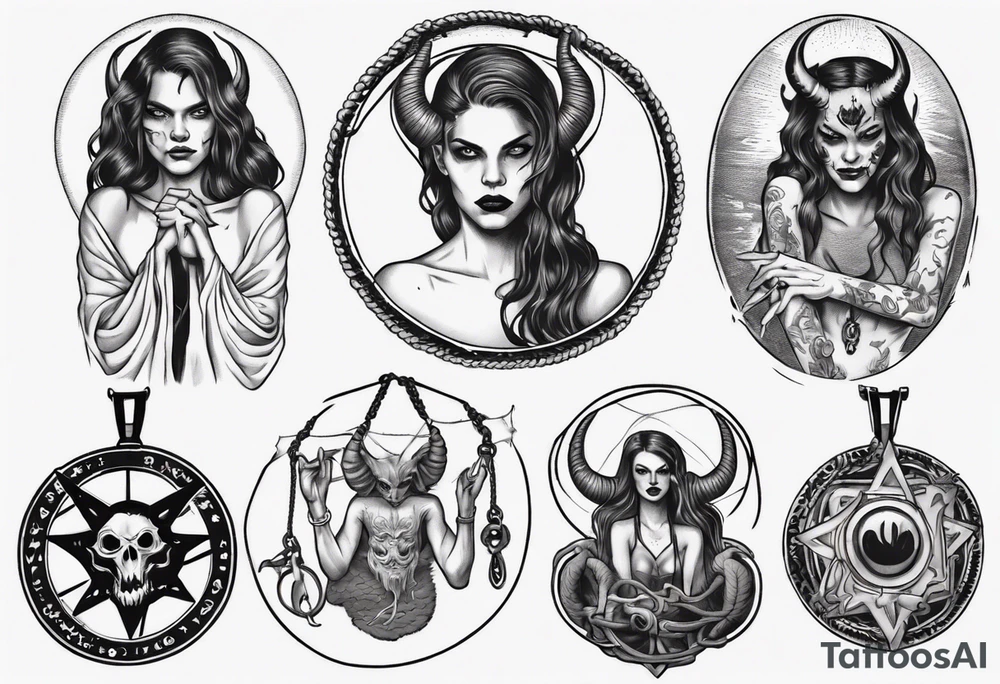 woman hand holding satan medallion on a rope tattoo idea