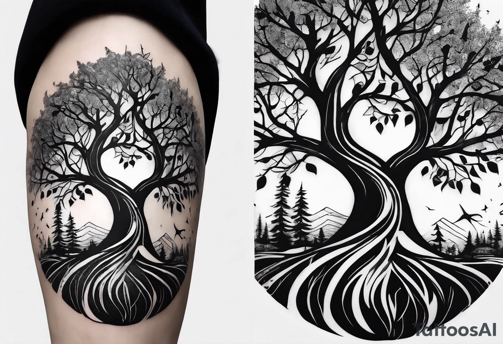 Andrea Rogge art tattoo, where two people are the roots and overflow into a tree, round tattoo tattoo idea