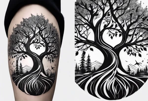 Andrea Rogge art tattoo, where two people are the roots and overflow into a tree, round tattoo tattoo idea