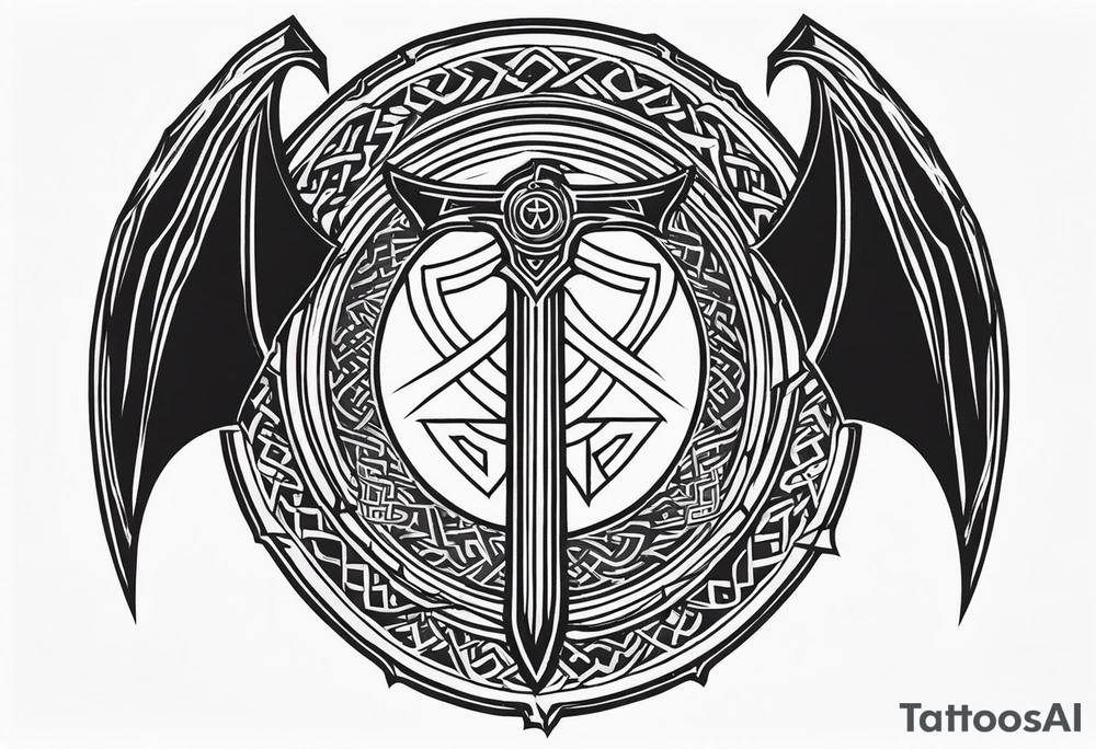 Valhalla sword shield dragon axe Valknut tattoo idea