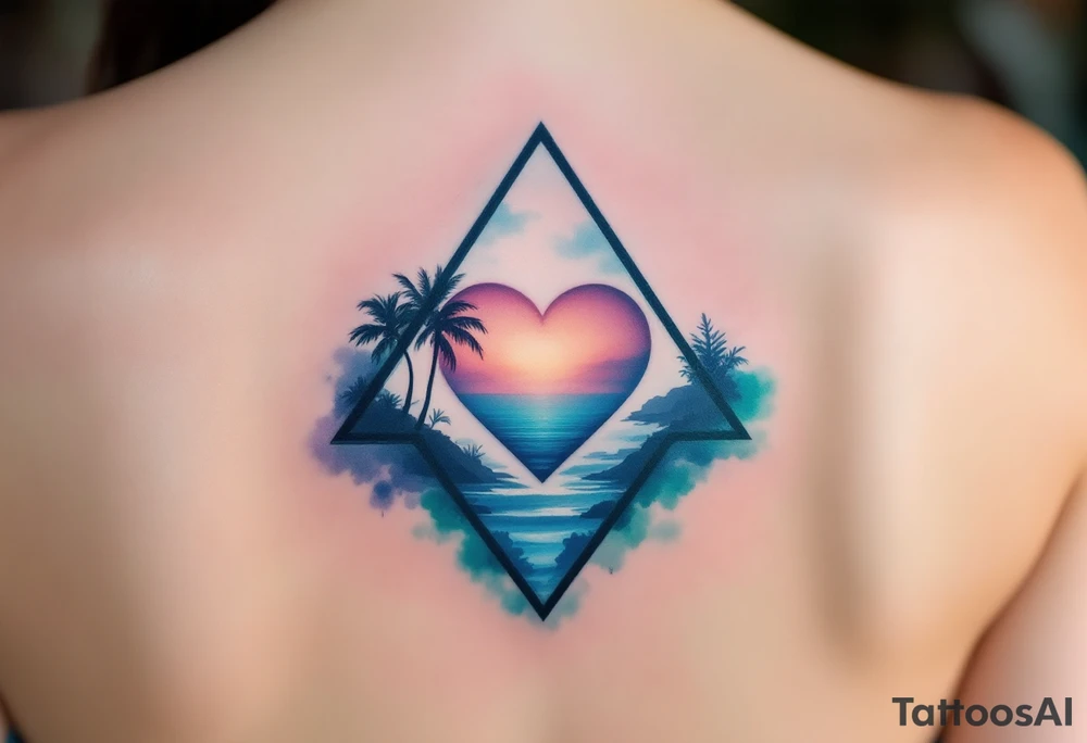 A triangle with a big heart in the center with an ocean palm tree theme tattoo idea