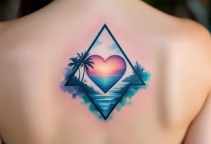 A triangle with a big heart in the center with an ocean palm tree theme tattoo idea