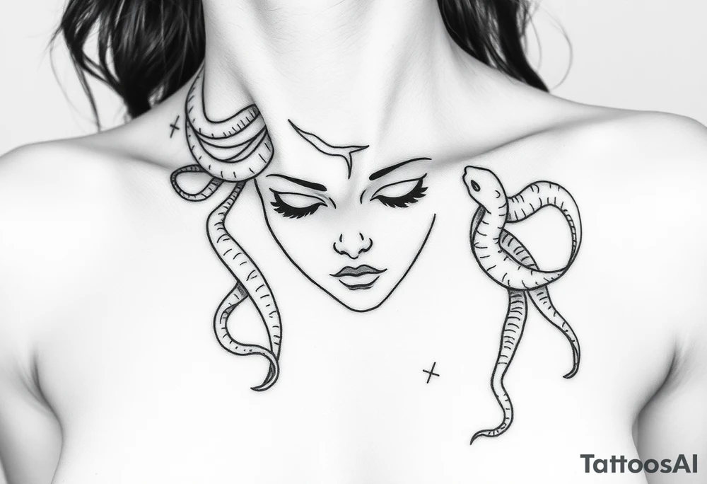 Closed-eye Medusa, calm and peaceful
Broken snake strands at the ends, fading softly
Overall feeling: healing
Right side of chest
Size: 2-3 inches
Fine-line/ single-needle
No heavy black fills
2-3 variations so I can compare softness levels tattoo idea