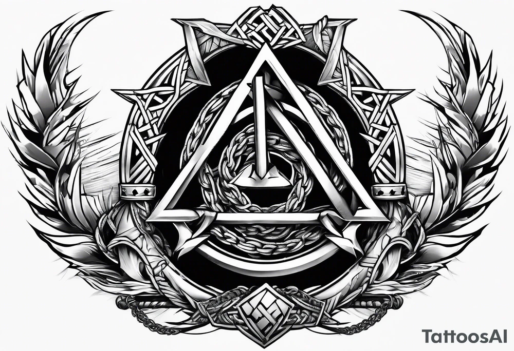 Valhalla  sword shield axe barbed wire chains valknut tattoo idea