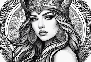 Viking, feminine warrior, mandala, bedroom eyes, headshot, princess, round emblem, moon goddess, Gaia tattoo idea