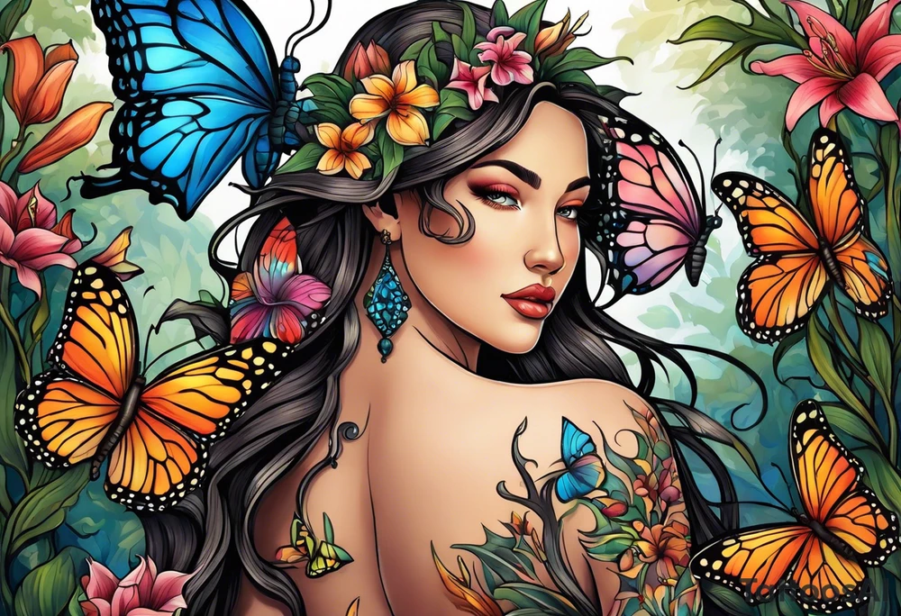 Wood nymph made or bark and branches standing upright. Full body view and curvy. Butterflies in background. Lillies near her feet with colorful vegetation. tattoo idea