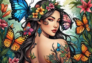 Wood nymph made or bark and branches standing upright. Full body view and curvy. Butterflies in background. Lillies near her feet with colorful vegetation. tattoo idea