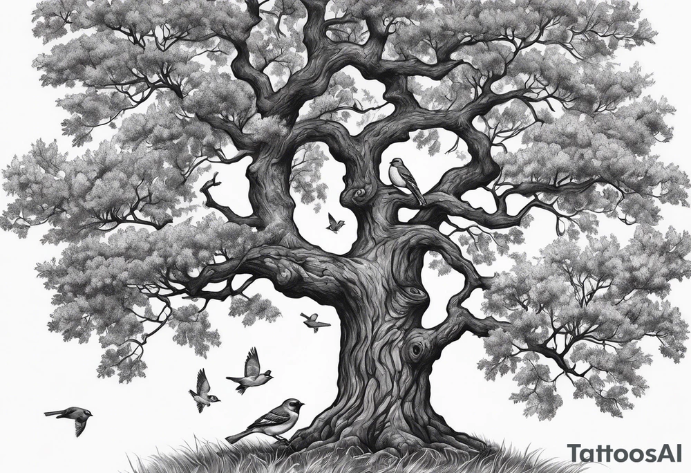 black oak tree with finch birds tattoo idea