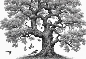 black oak tree with finch birds tattoo idea