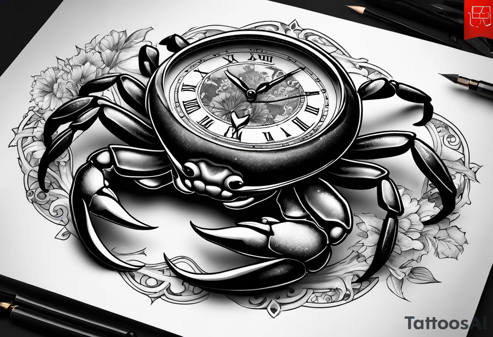 Zodiac crab with clock tattoo idea
