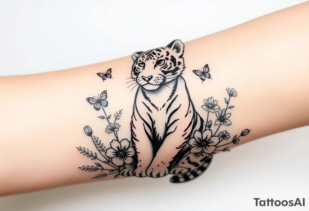 Tiger cub sitting down with flowers and butteflies tattoo idea