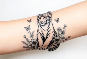 Tiger cub sitting down with flowers and butteflies tattoo idea