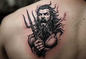 fit poseidon, behind a trident, with lightning tattoo idea
