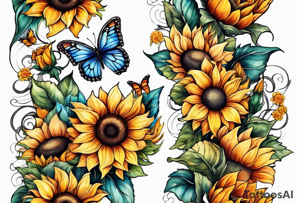Arm sleeve with sunflowers and butterflies tattoo idea