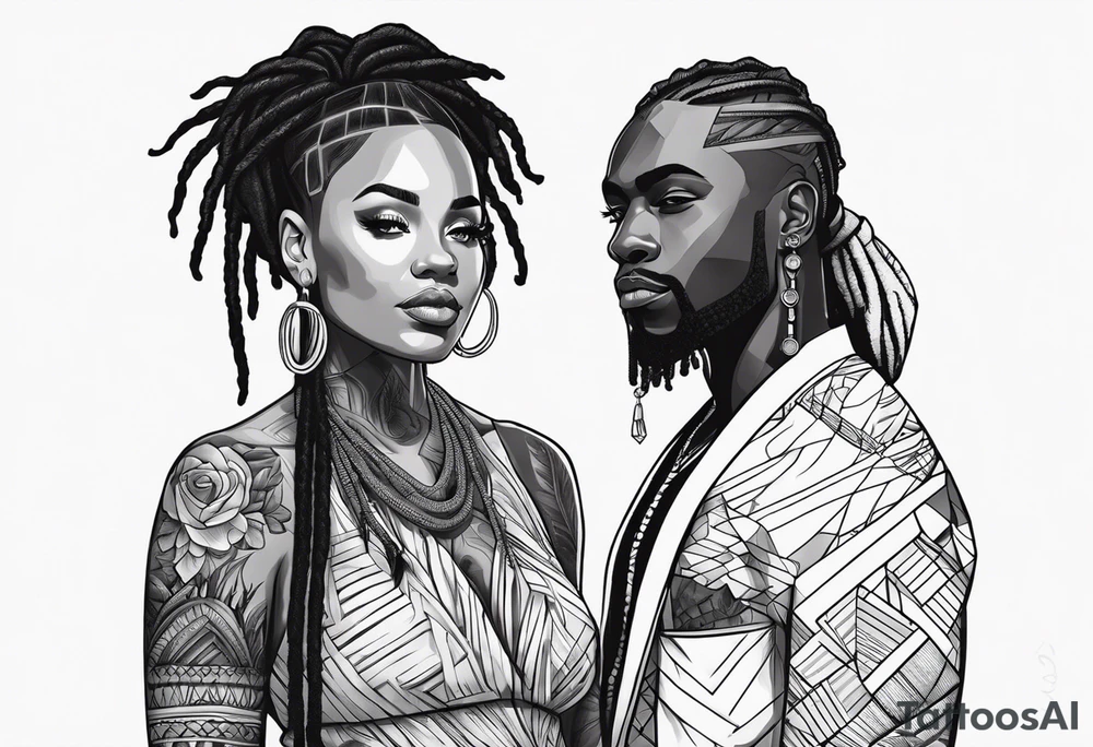 Black man with dreads and women with short hair together tattoo idea