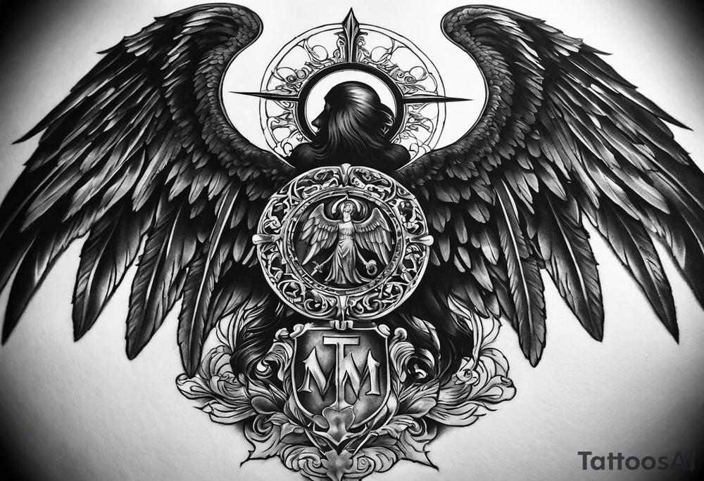 This is a back piece tattoo. Realistic tattoo. The big thing is 2 big wings of archangel Micheal. The meaning of the tattoo is dark about life or death. archangel micheal always protects me from evil things of war. incrustate dark things as skulls. death thing. tattoo ie dark black and white. you can add church stuff. but i want the tattoo to be dark. it represents memento mori. put a big cross of church tattoo idea