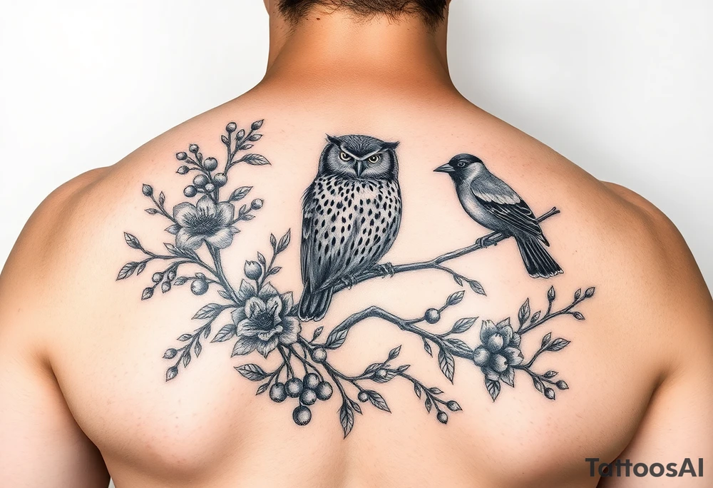 a fineline rowan tree branch with berries and florals. The florals should be large and the branches should have berries. Add in an owl and 2 magpies tattoo idea