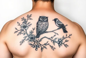 a fineline rowan tree branch with berries and florals. The florals should be large and the branches should have berries. Add in an owl and 2 magpies tattoo idea