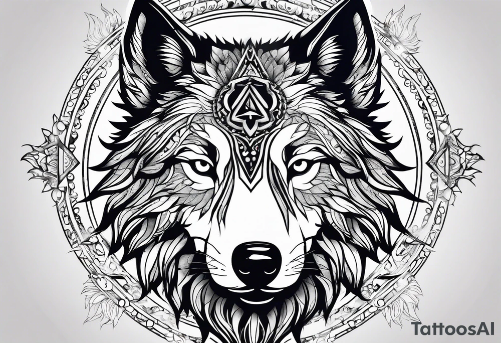 A mystical design showing a wolf as a spirit animal, surrounded by light or aura, which can signify guidance and protection. tattoo idea