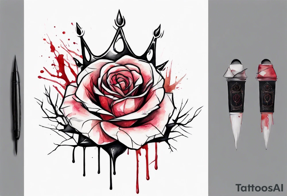 a bleeding watercolor rose, with a crown of thorns as the stem, simple, one line tattoo idea