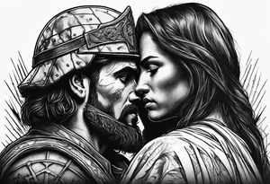 A solider face to face with death with Jesus over the soldier’s shoulder tattoo idea