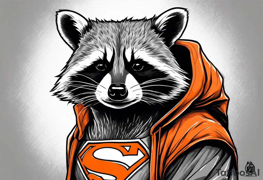 Raccoon wearing an orange Superman hoodie tattoo idea
